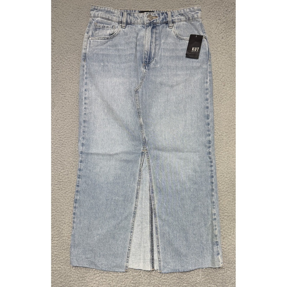 NEW KUT from the Kloth Brea Jean Maxi Skirt KK23501 Front slit Size 0 Med Wash